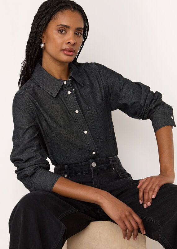 Washed Black Pocket Detail Cotton Shirt