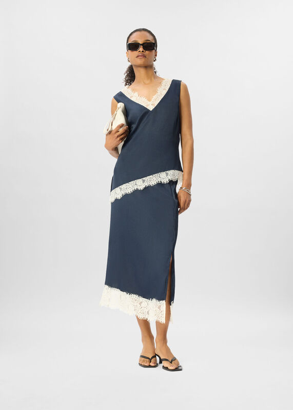 Navy Lace Trim Satin Cami Top