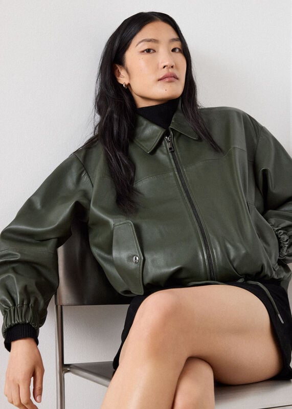 Khaki Frida Leather Bomber Jacket