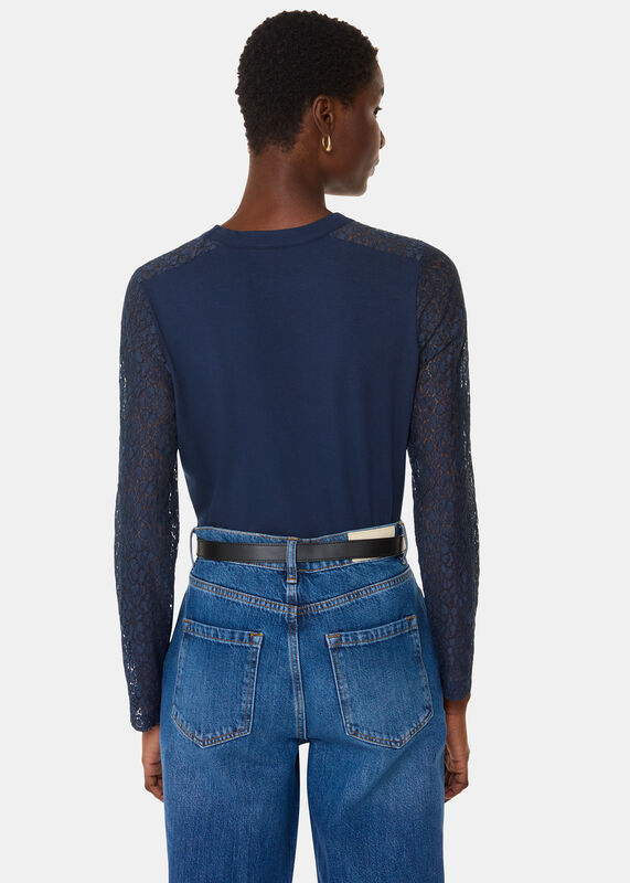 Navy Lace Sleeve Detail Top