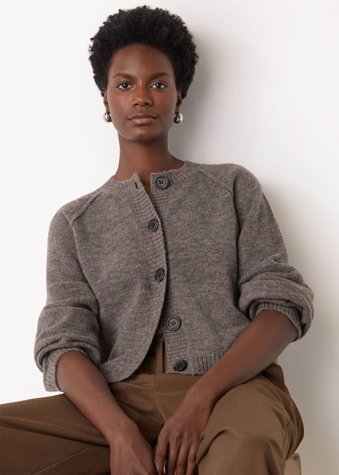 Taupe Wool Mix Round Neck Cardigan | WHISTLES | Whistles US |