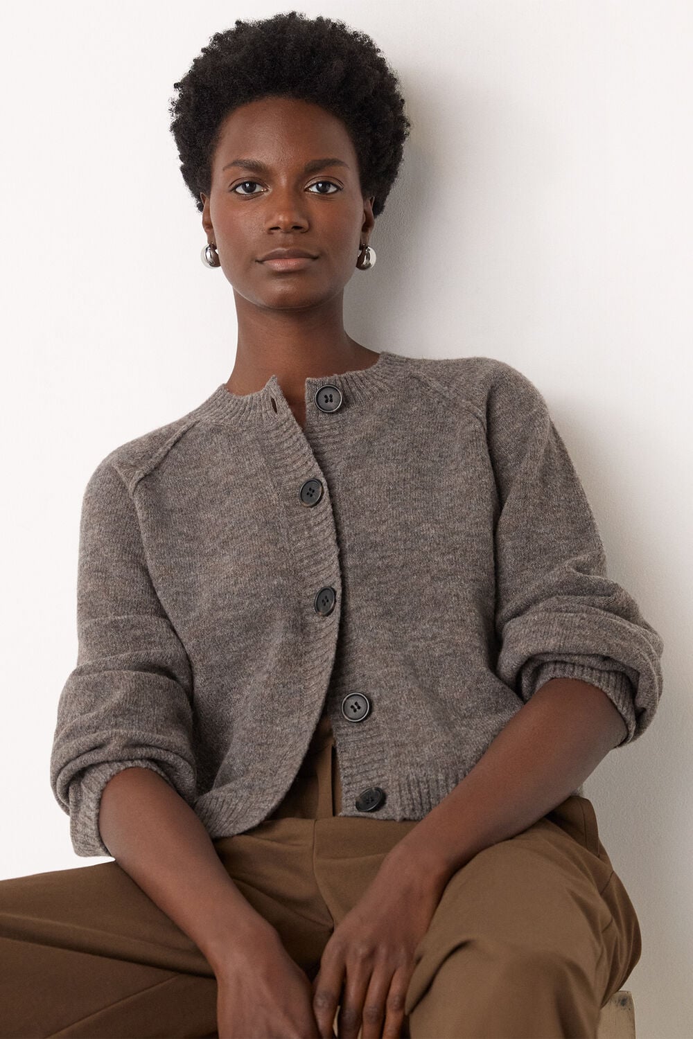 Taupe Wool Mix Crew Cardigan