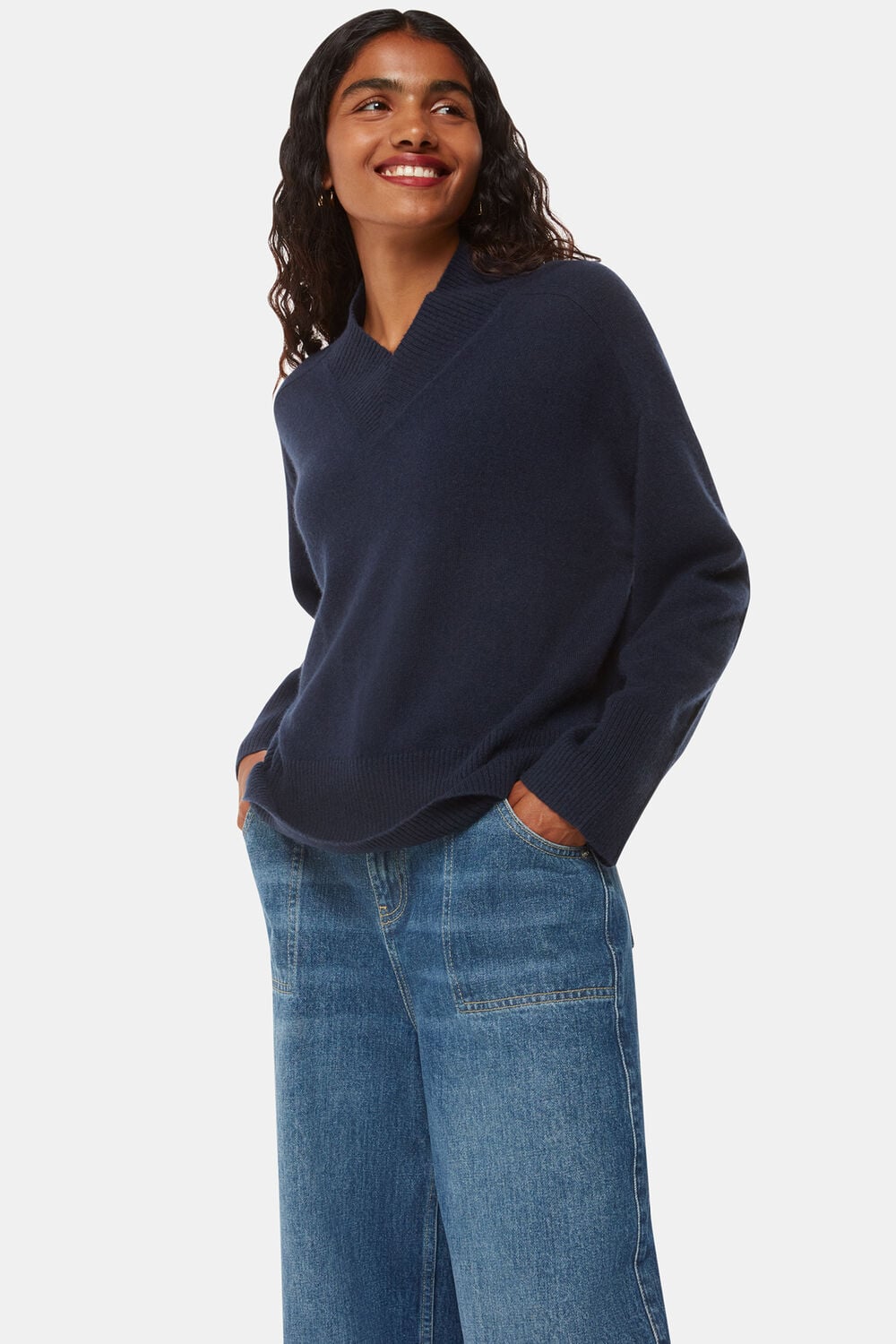 Navy Petite Cashmere V Neck Sweater