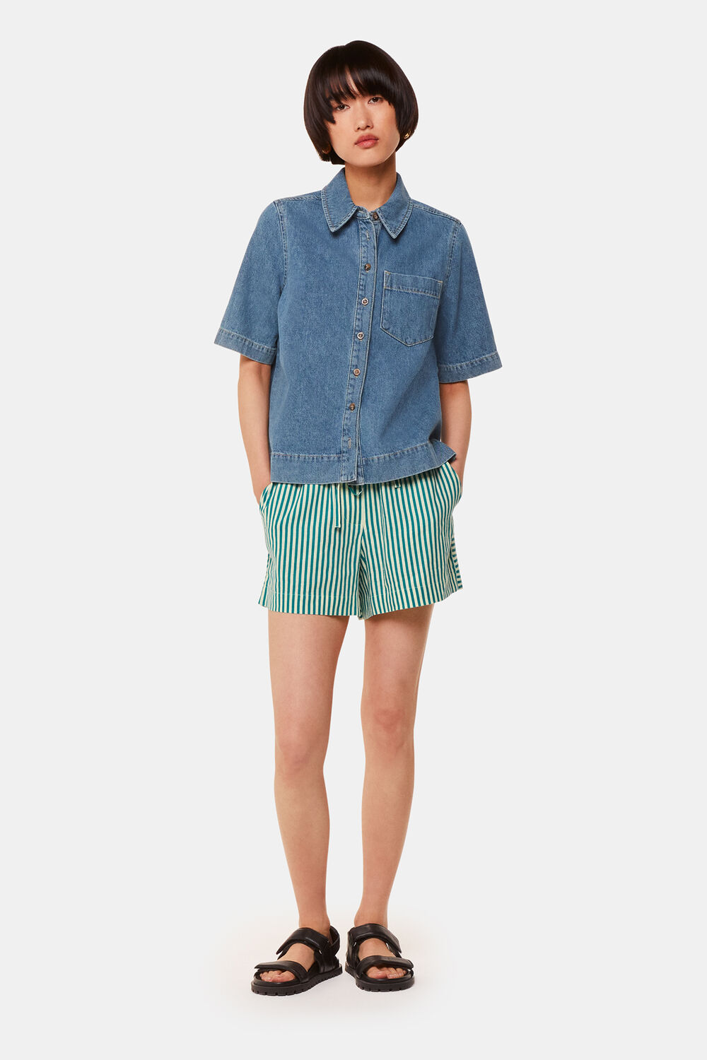 Green Stripe Linen Blend Short