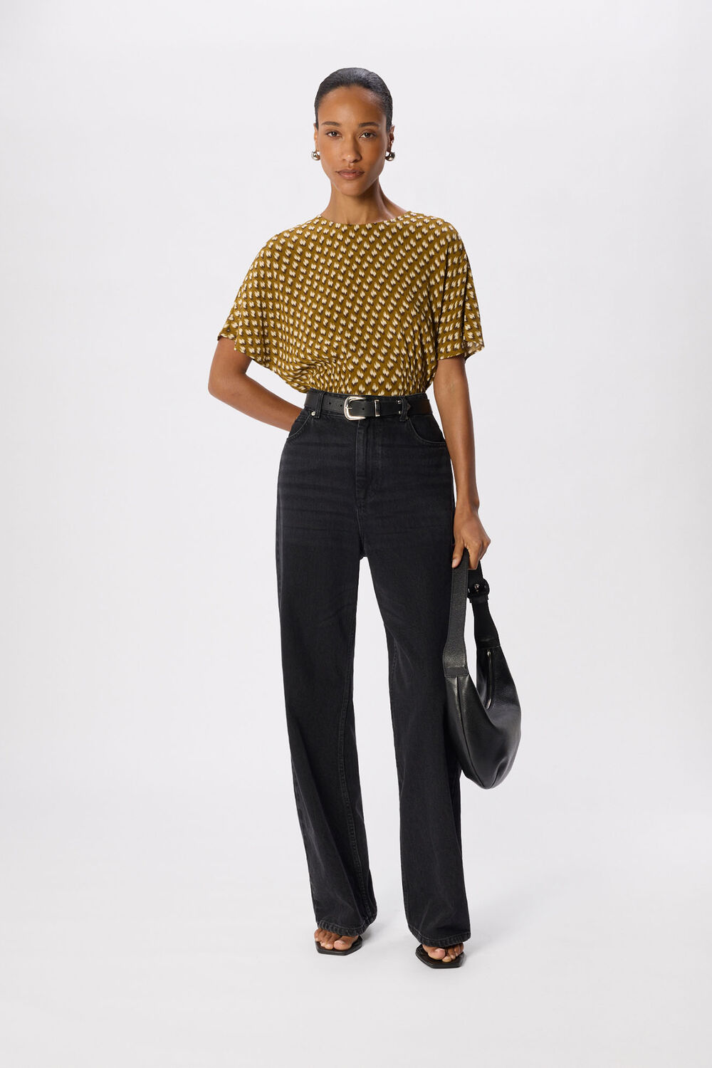Khaki Ikat Spot Shirred Blouse