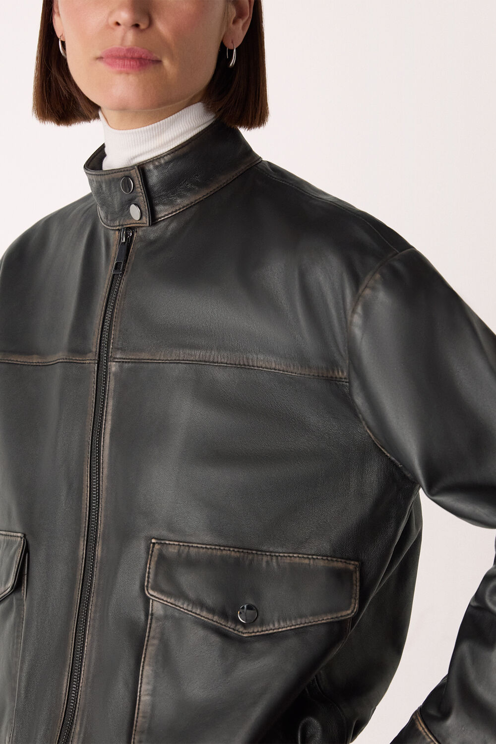 Black Burnished Leather Bomber