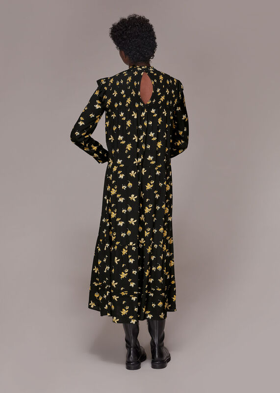 Black Falling Floral Midi Dress