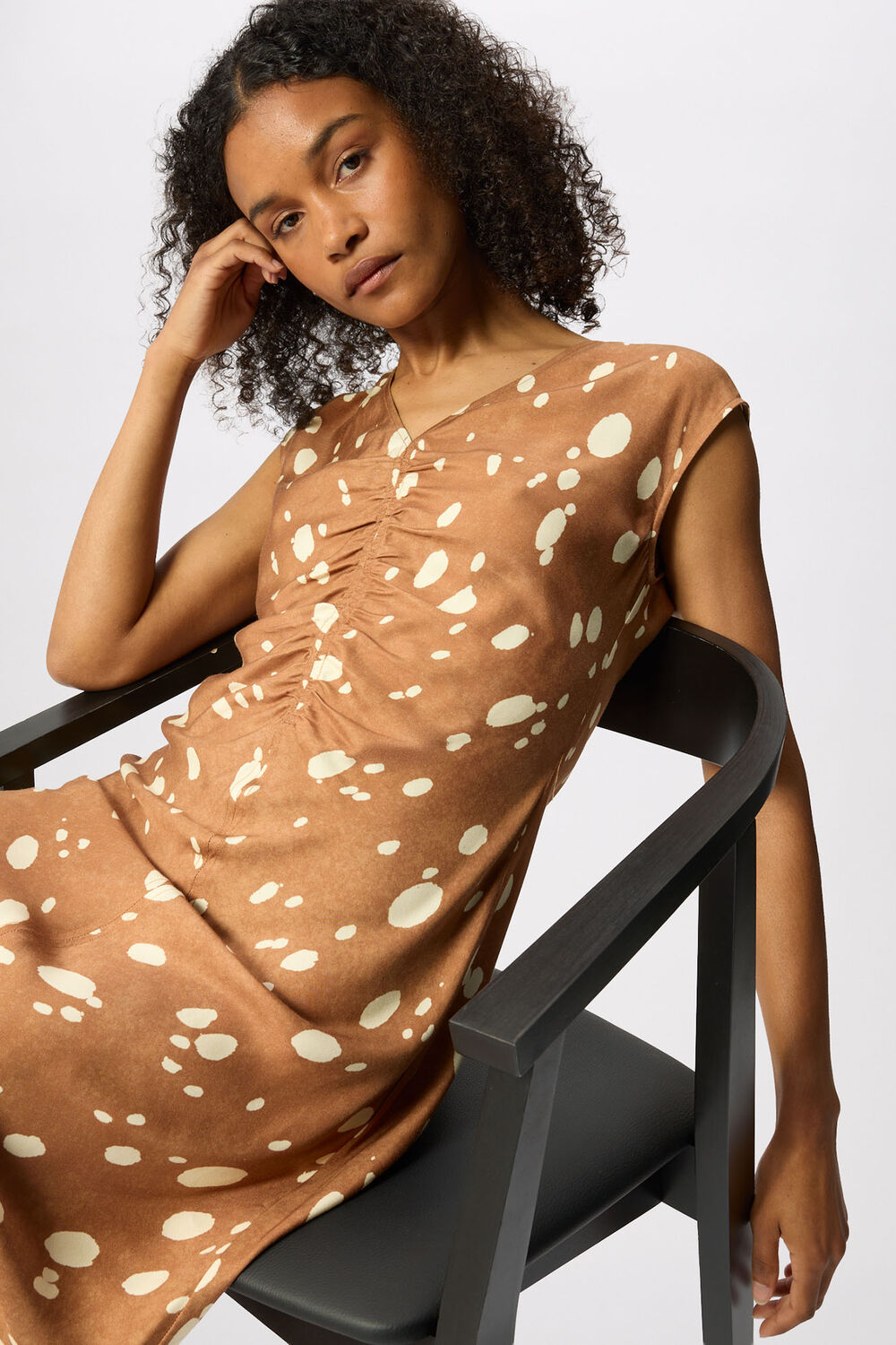 Brown Sleeveless Spot Viscose Midi Dress