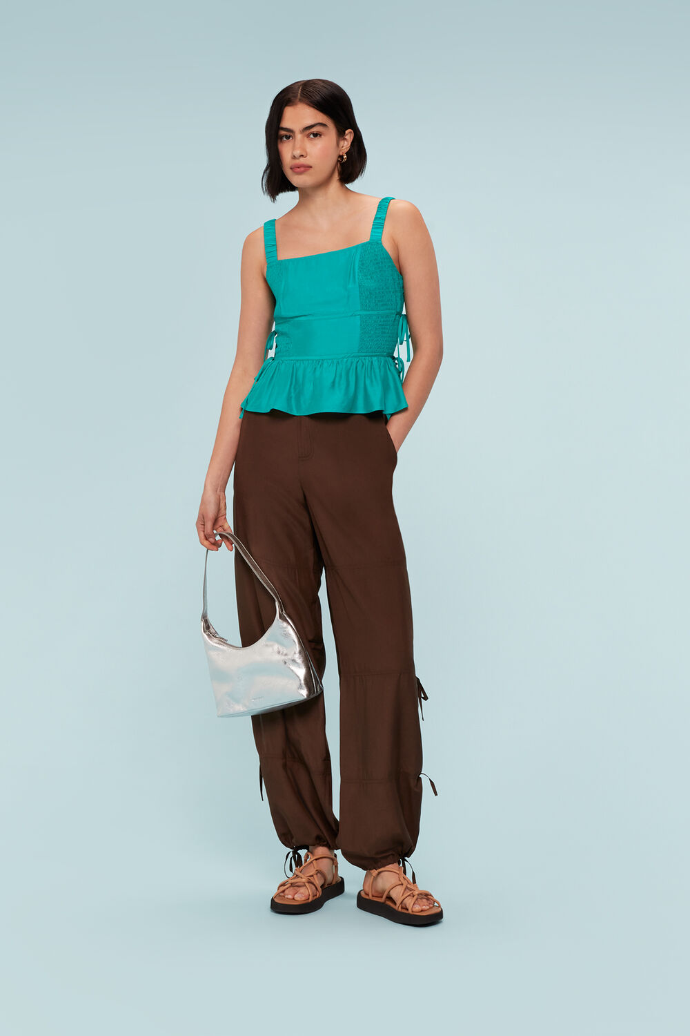 Turquoise Tie Side Shirred Top