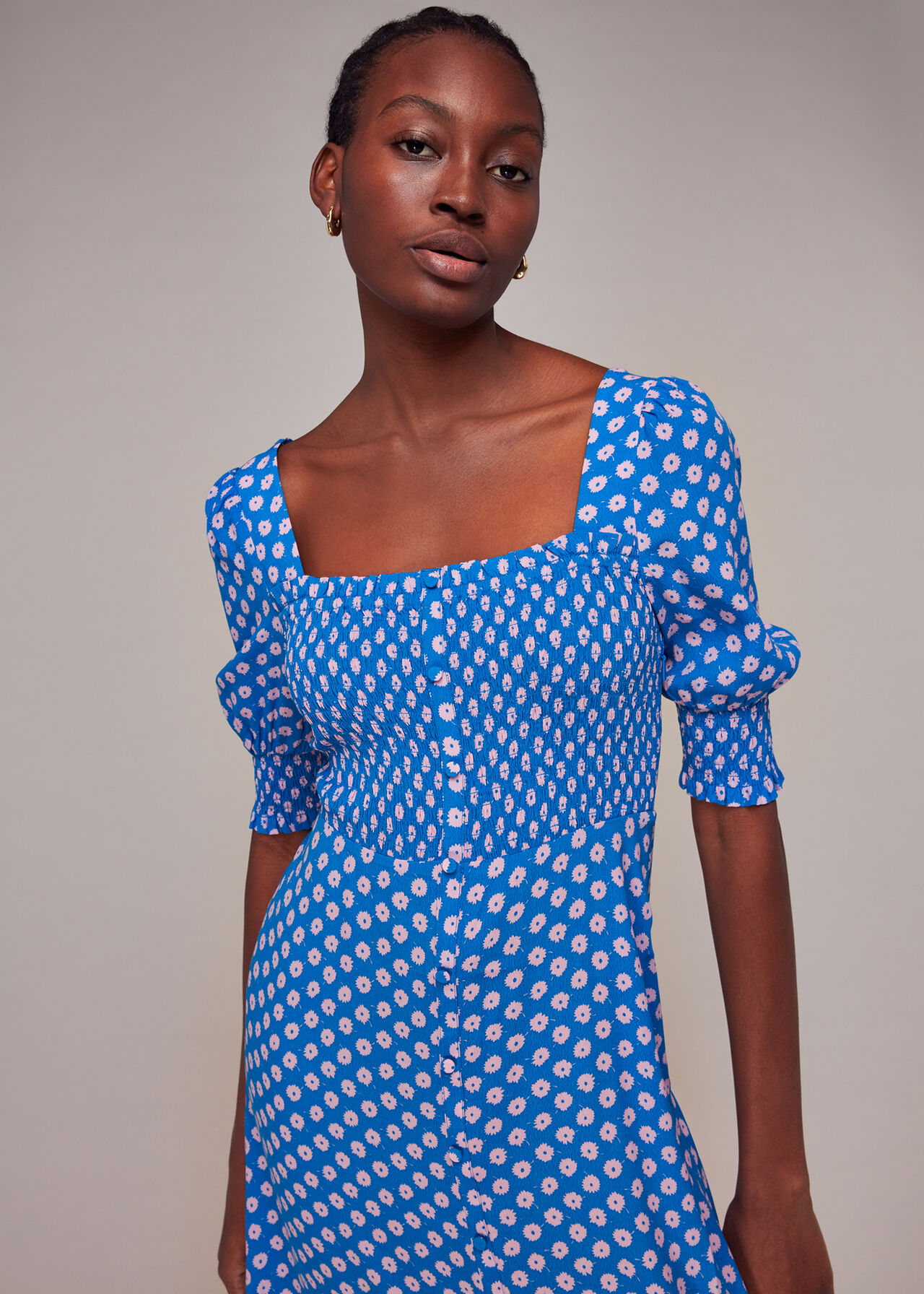 Blue/Multi Floral Sunburst Shirred Dress | WHISTLES