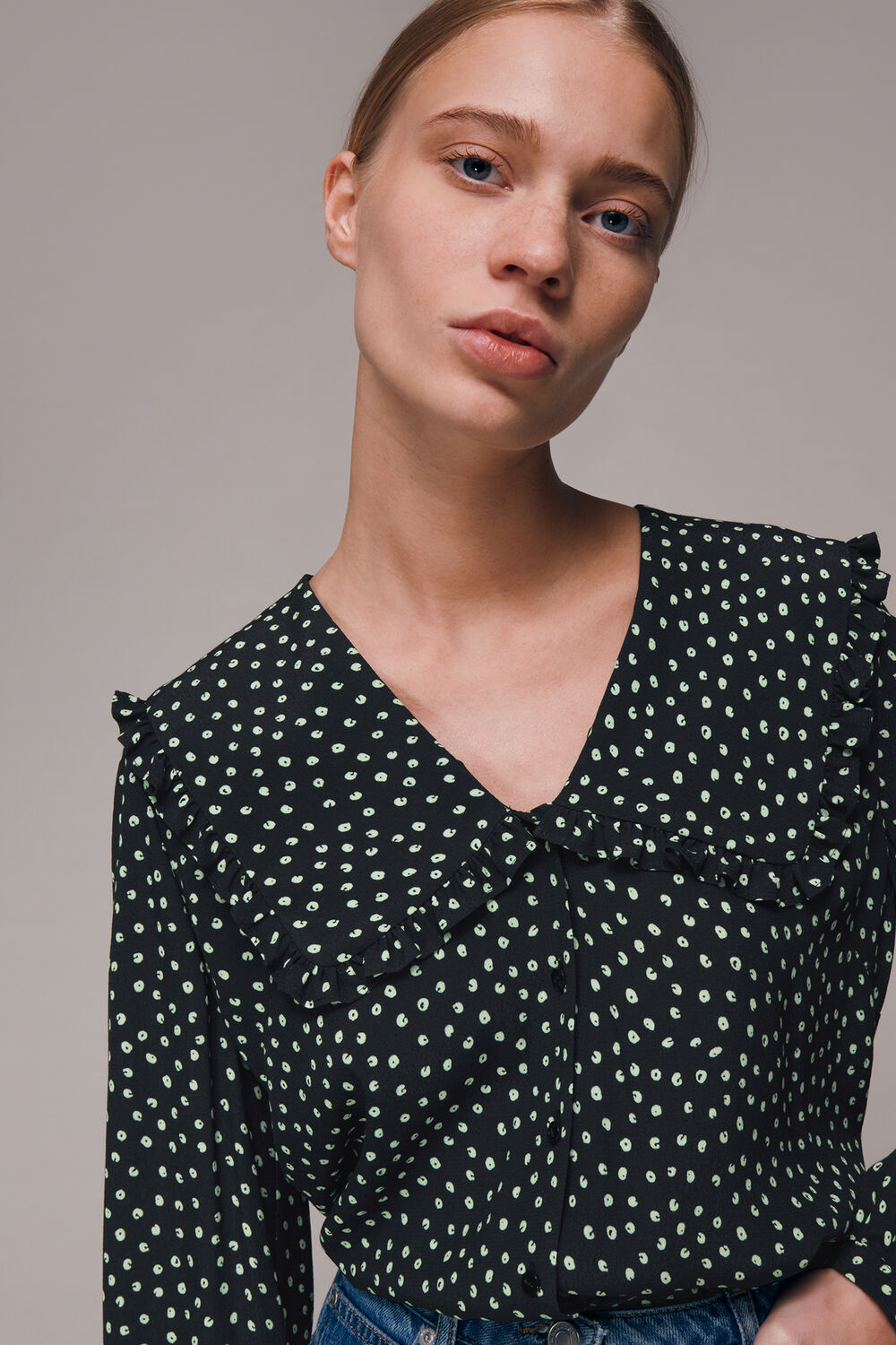 Black Stamp Spot Collar Top