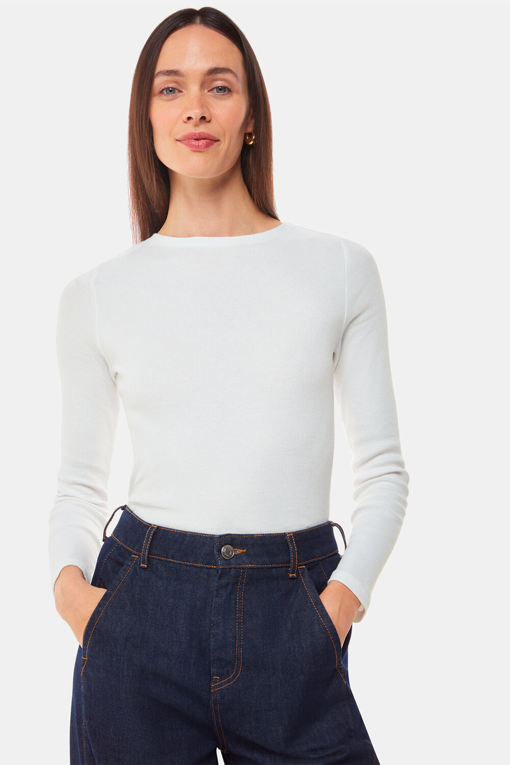 White High Neck Long Sleeve Rib Top