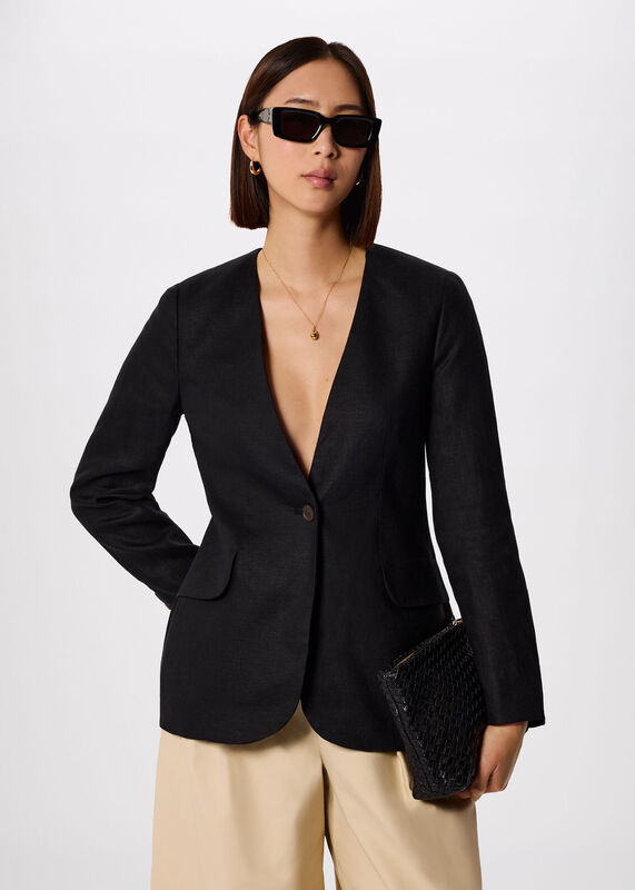 Black Collarless Linen Blazer