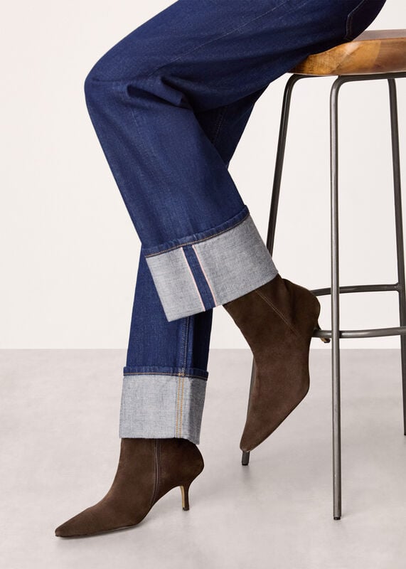 Chocolate Suede Pointed Kitten Heel Boot