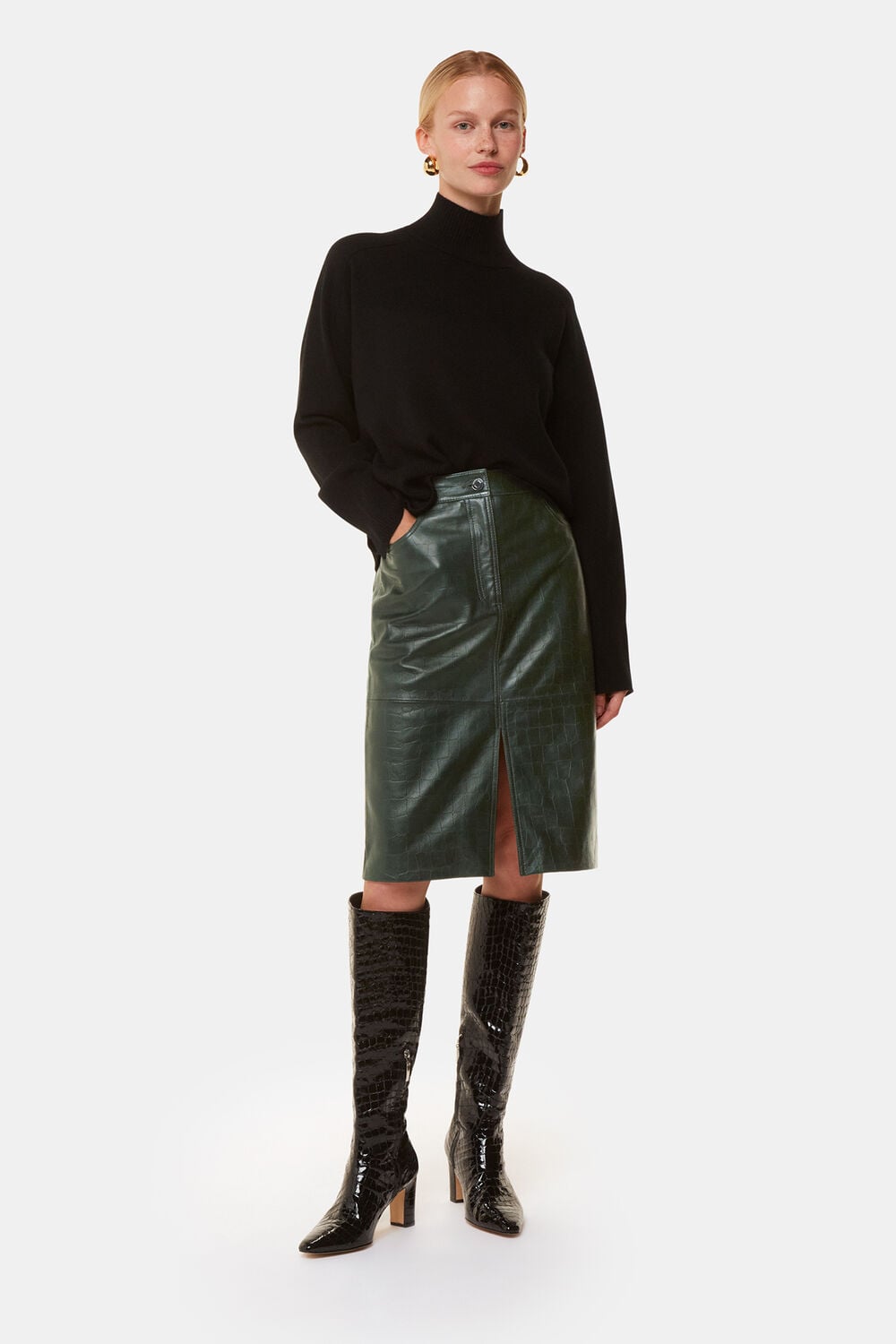 Dark Green Delia Croc Leather Skirt