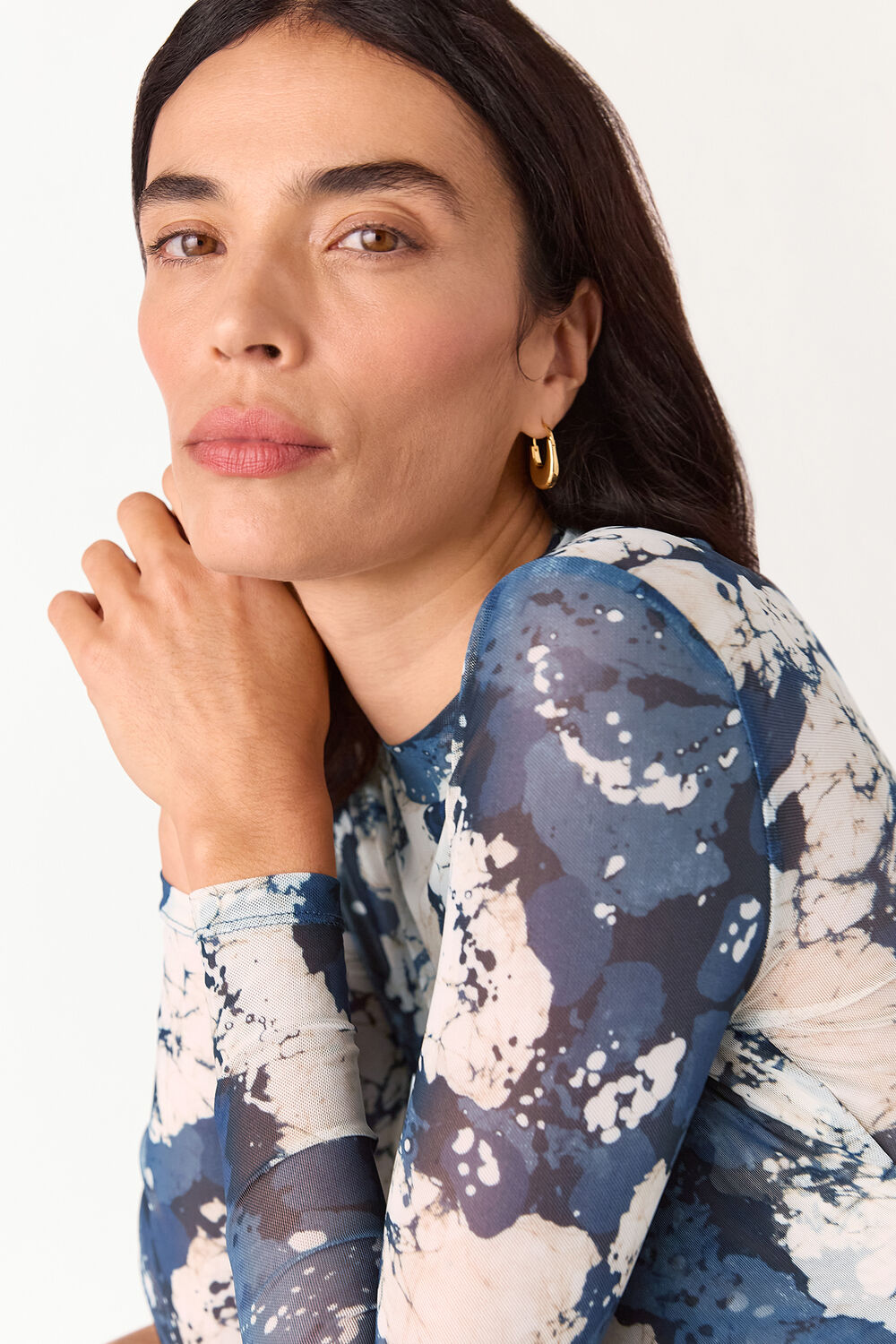 Blue Batik Marble Gathered Mesh Top
