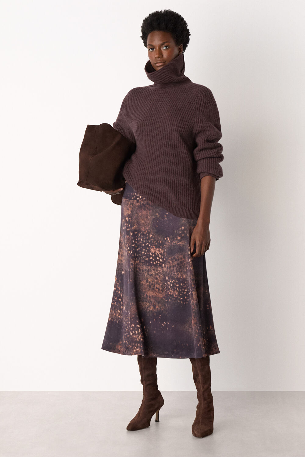 Brown Spotted Animal Midi Skirt