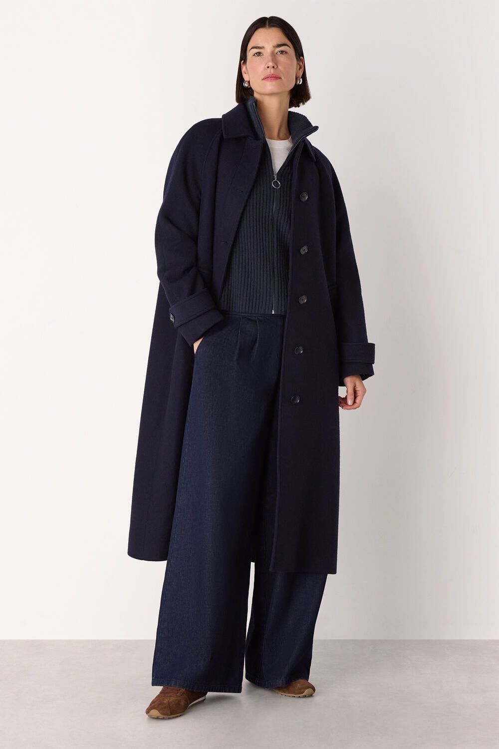 Navy Wool Zip Front Rib Cardigan
