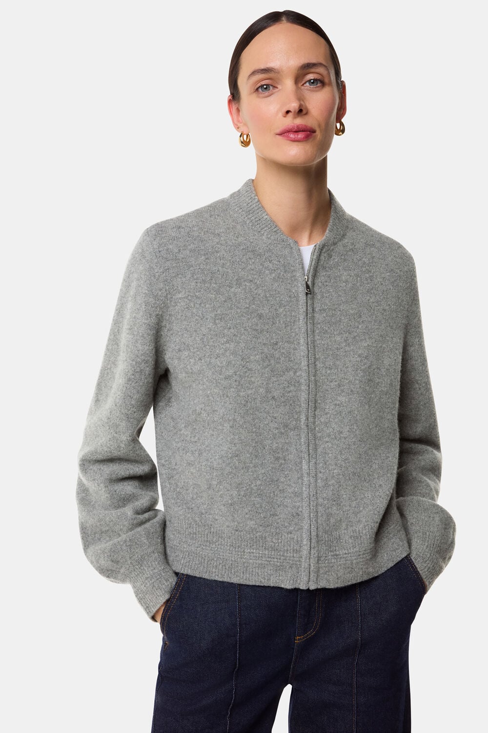Grey Zip Front Bomber Knit
