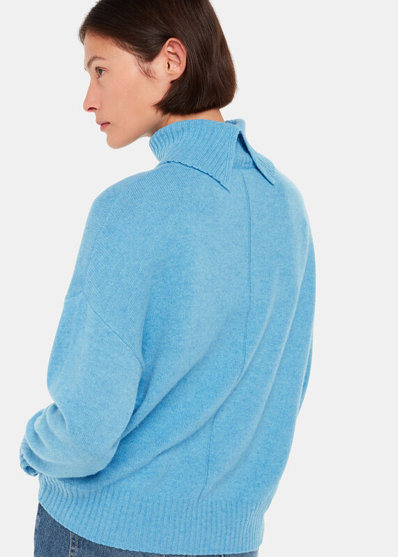 Blue Wool Roll Neck Pocket Sweater
