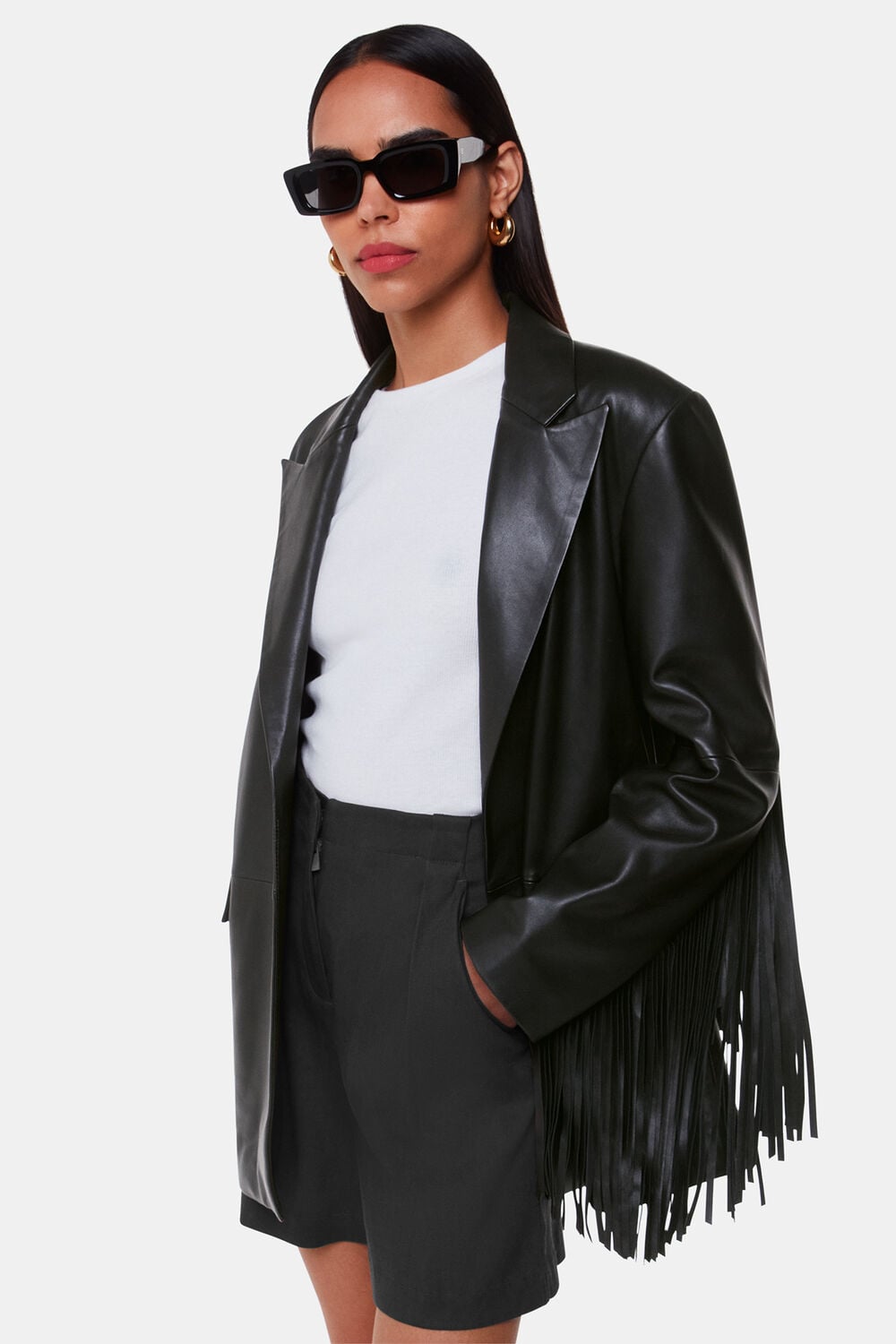 Black Gia Leather Fringed Jacket