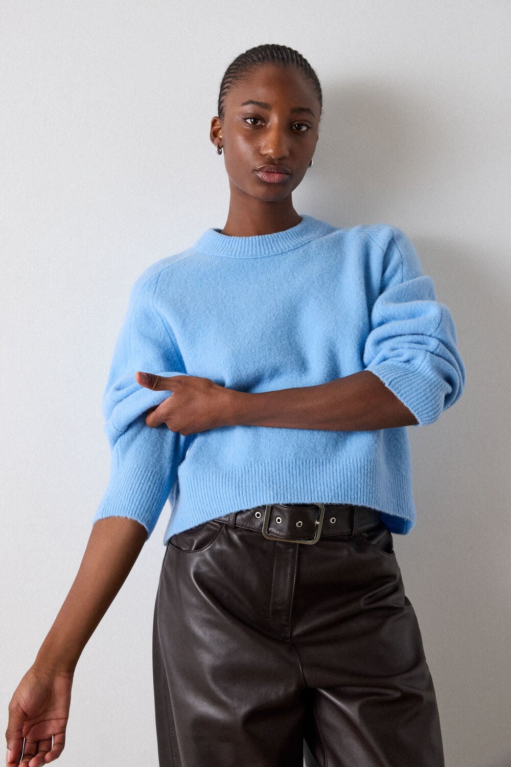 Pale Blue Wool Mix Curved Hem Knit