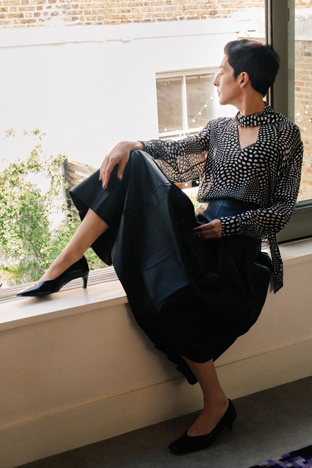 Black Mixed Spot Scarf Sheer Blouse
