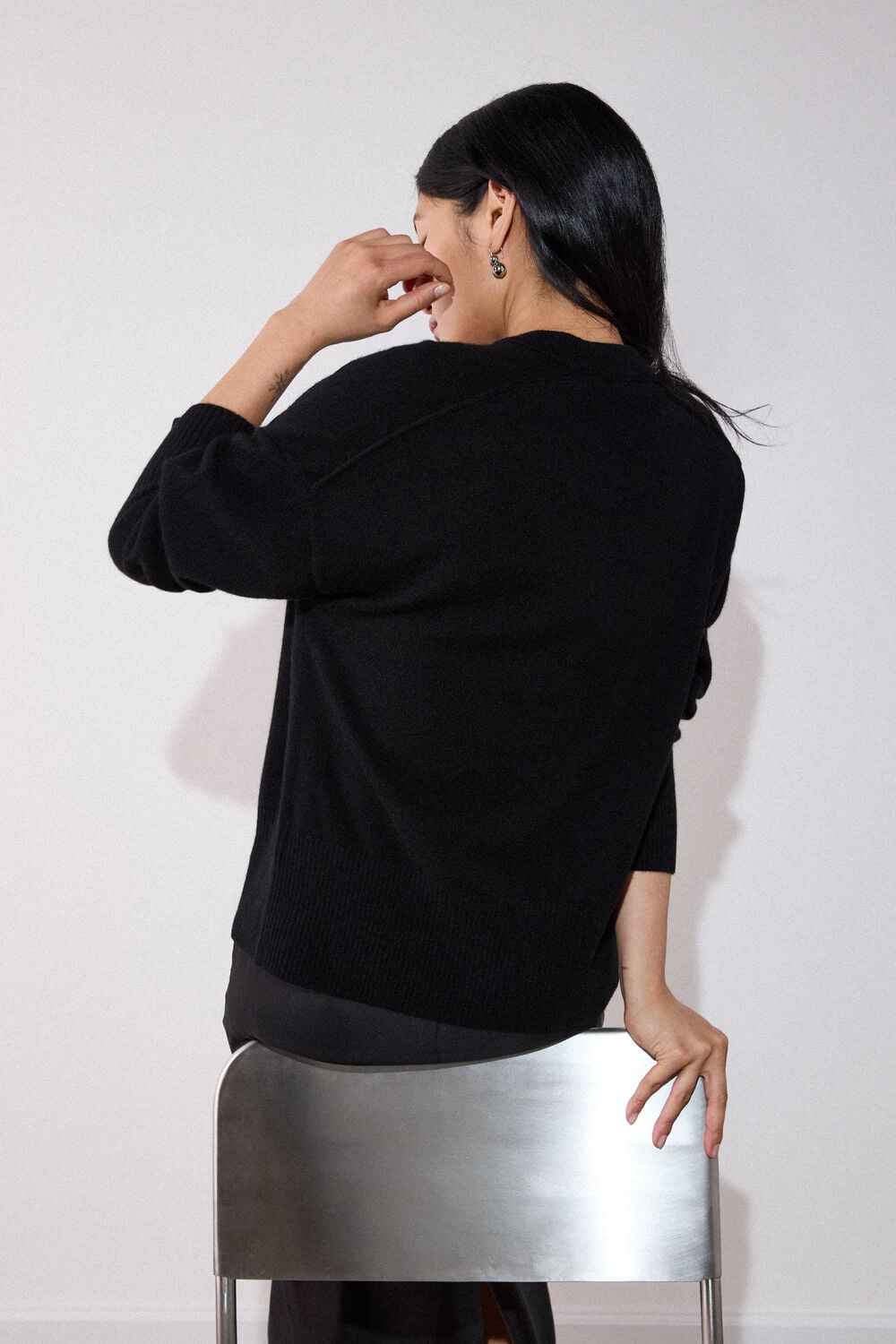 Black Cashmere Seam Detail Crew Knit
