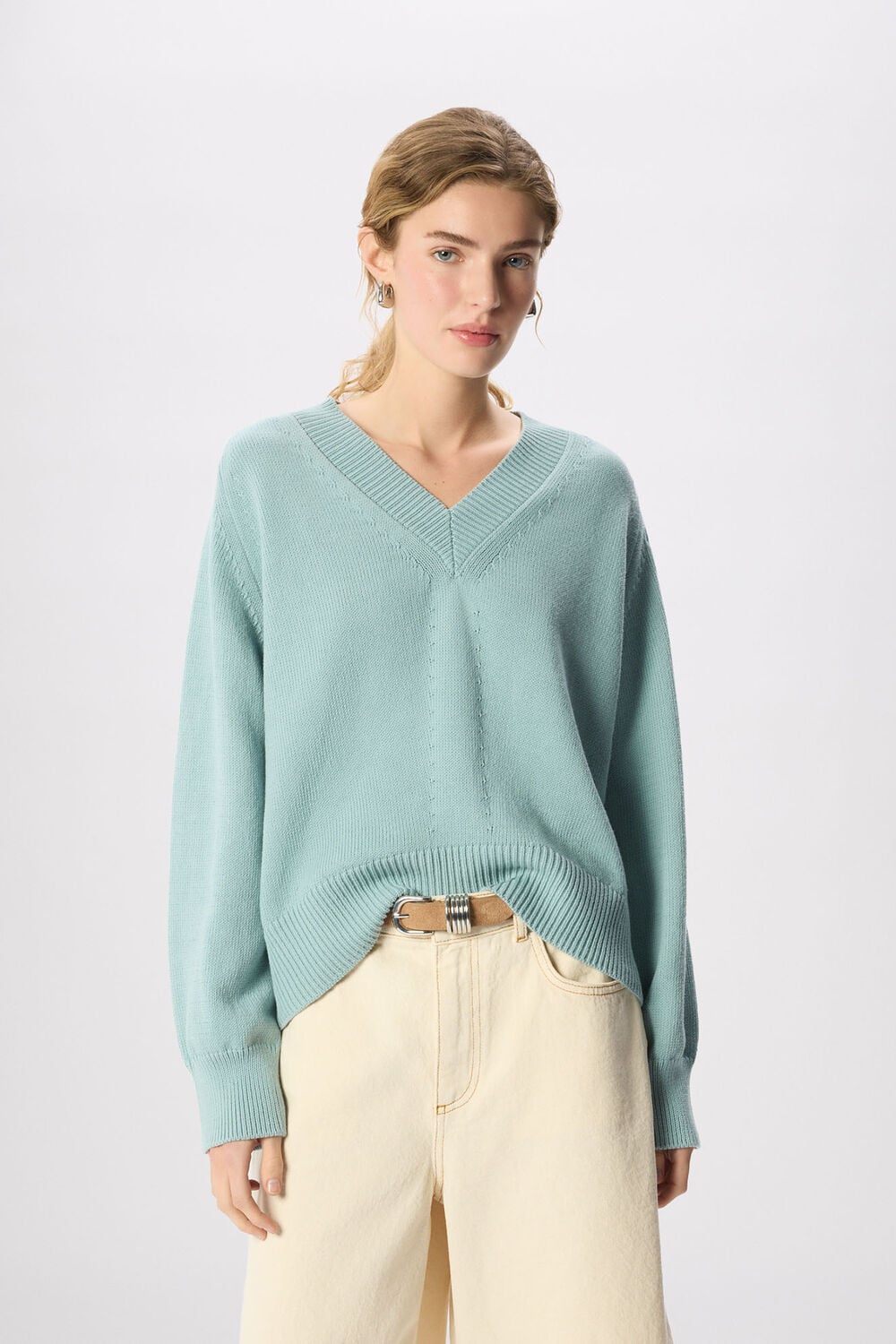 Blue Cotton V Neck Relaxed Knit