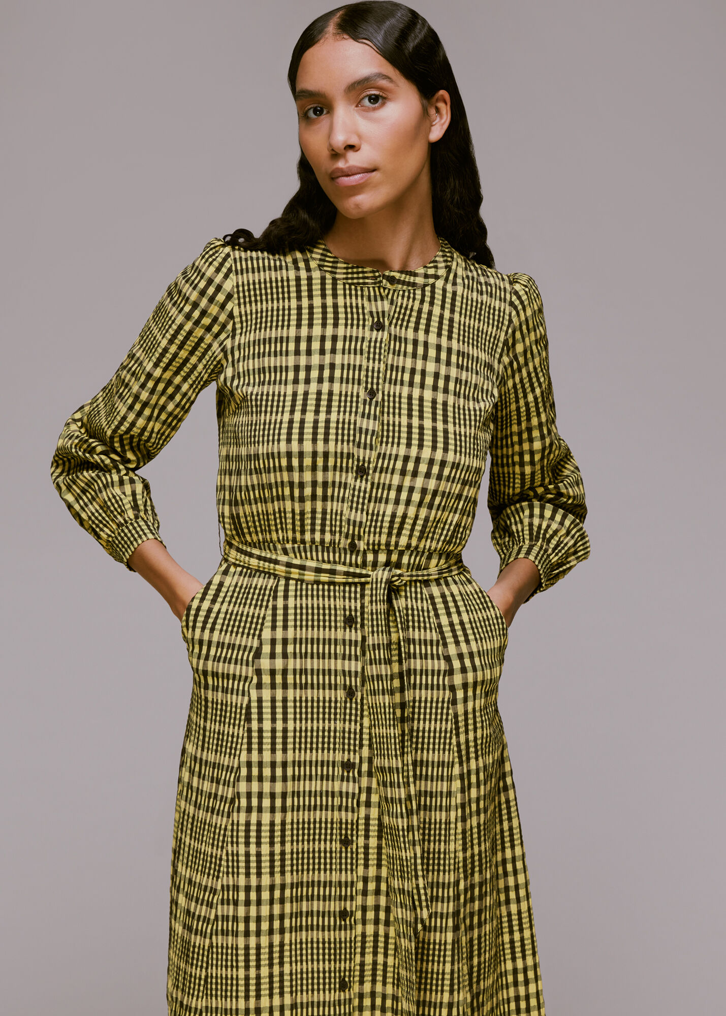 Yellow/Multi Nora Gingham Check Midi Dress WHISTLES