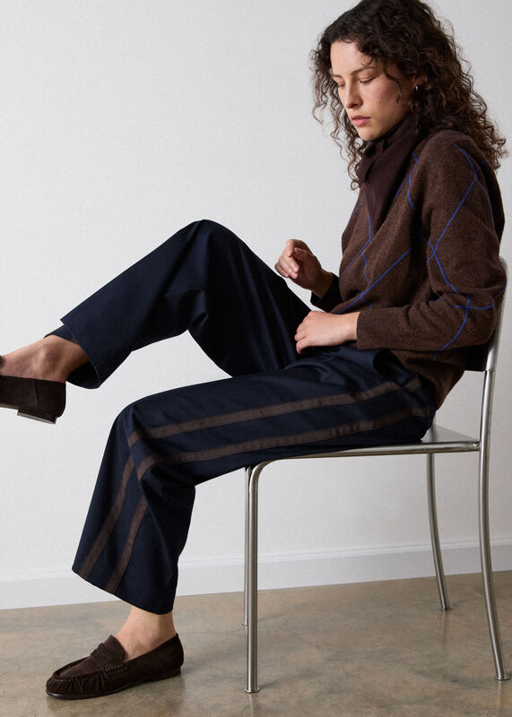 Navy Petite Side Stripe Straight Trouser