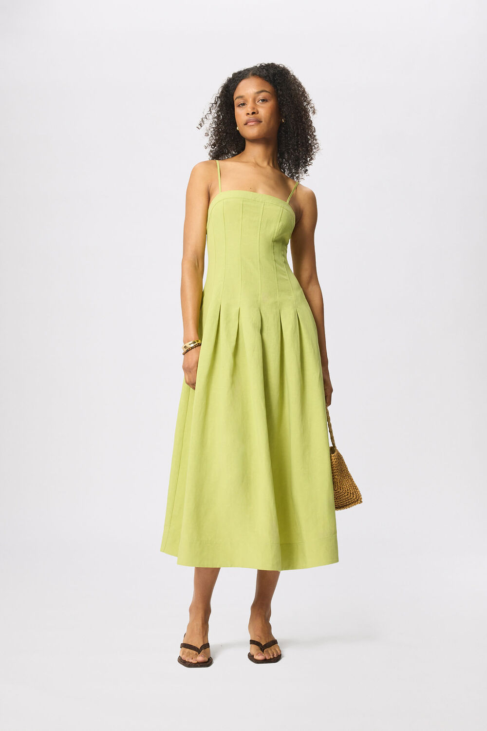 Green Linen Blend Waisted Midi Dress