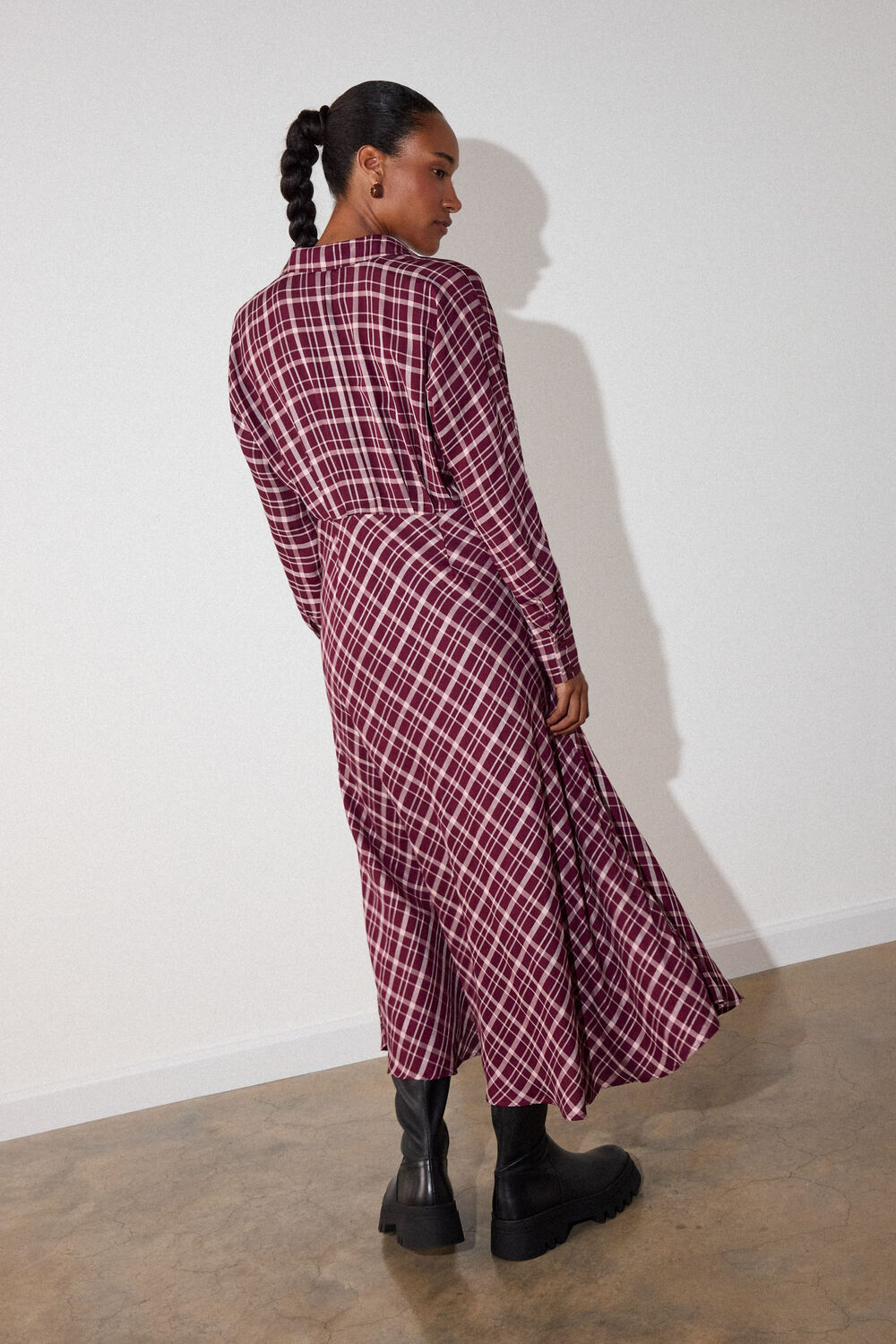 Burgundy Check Midi Shirt Dress