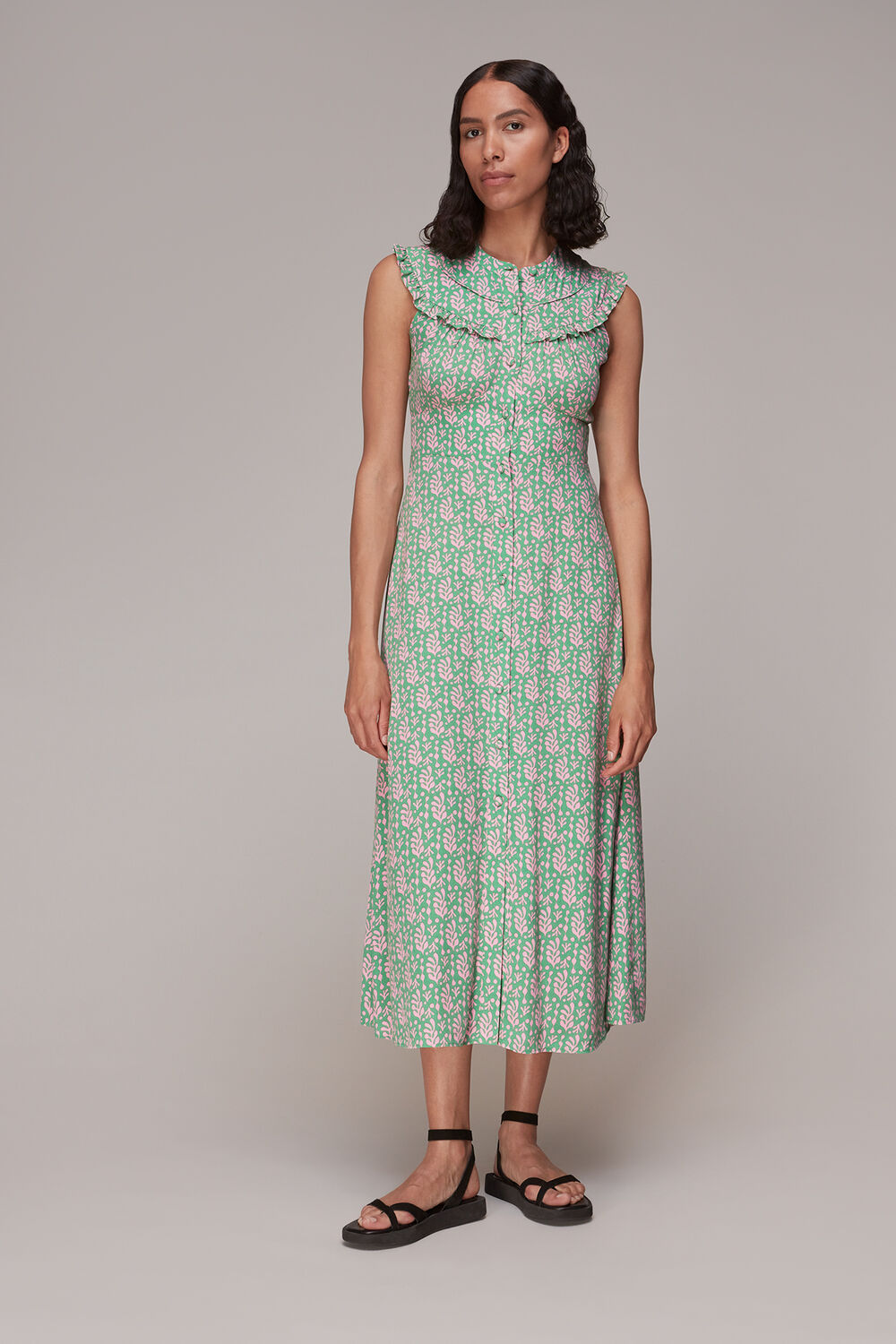 Green Cut Out Leaf Print Midi Dress