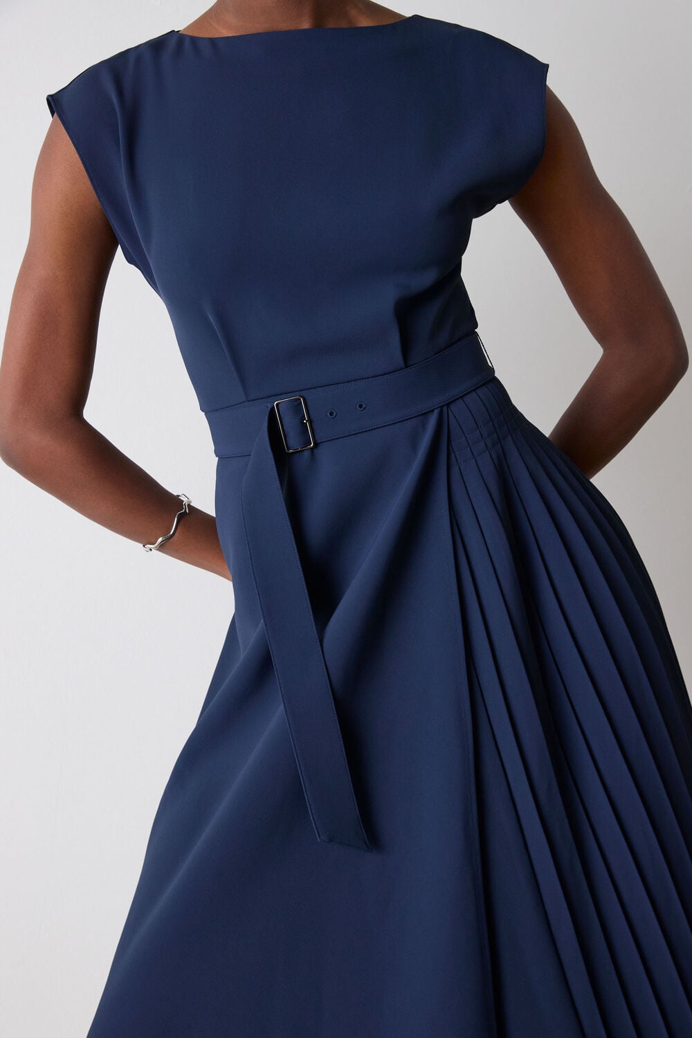 Navy Pleat Detail Asymmetric Midi Dress