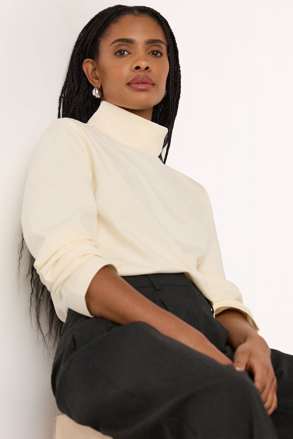 Ivory Long Sleeve Funnel Neck Jersey