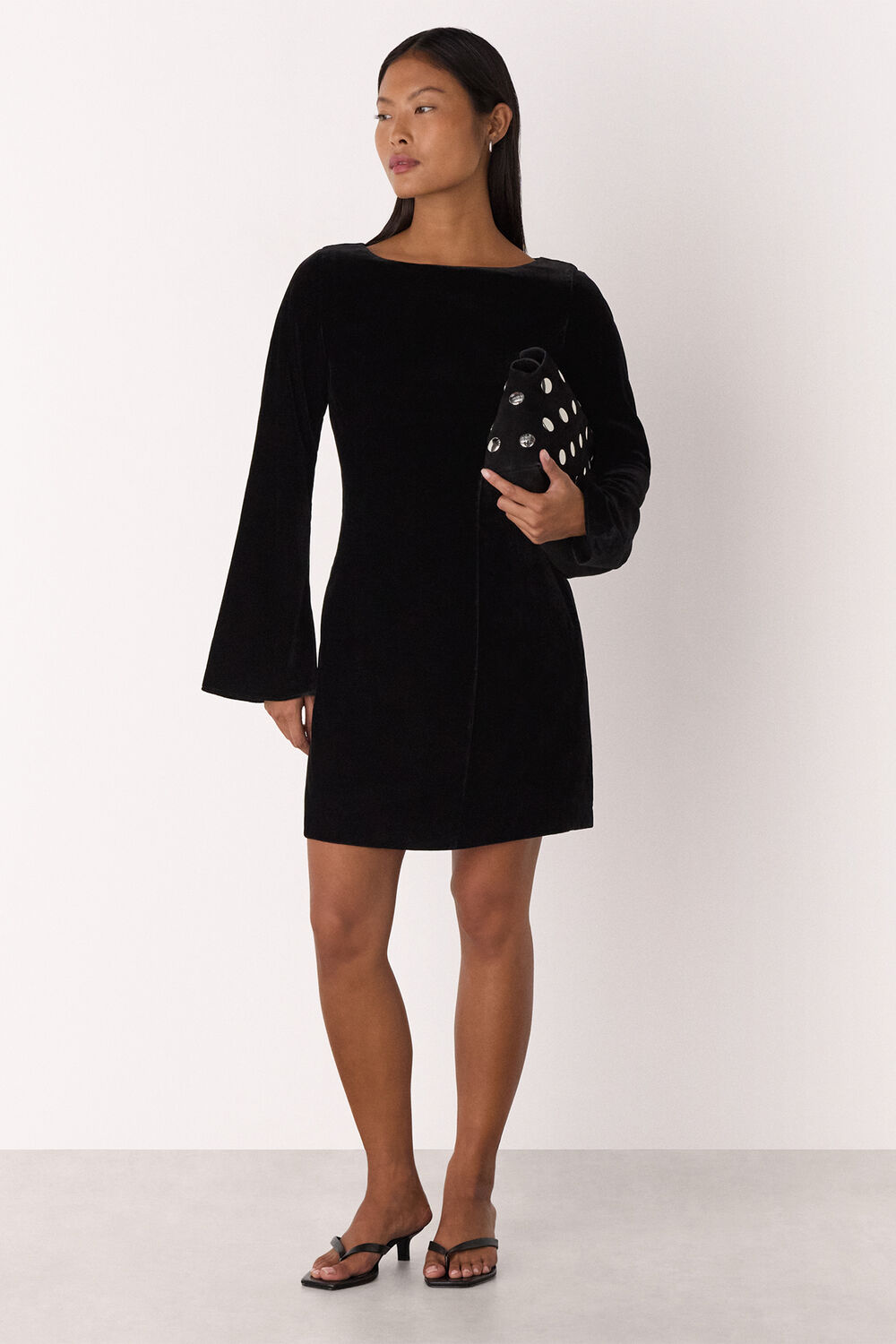 Black Petite Velvet Flare Sleeve Dress