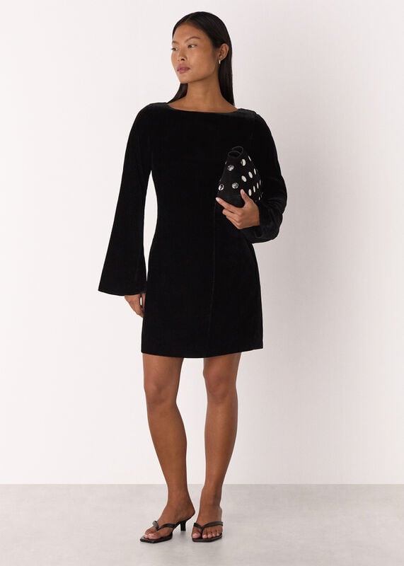 Black Petite Velvet Flare Sleeve Dress