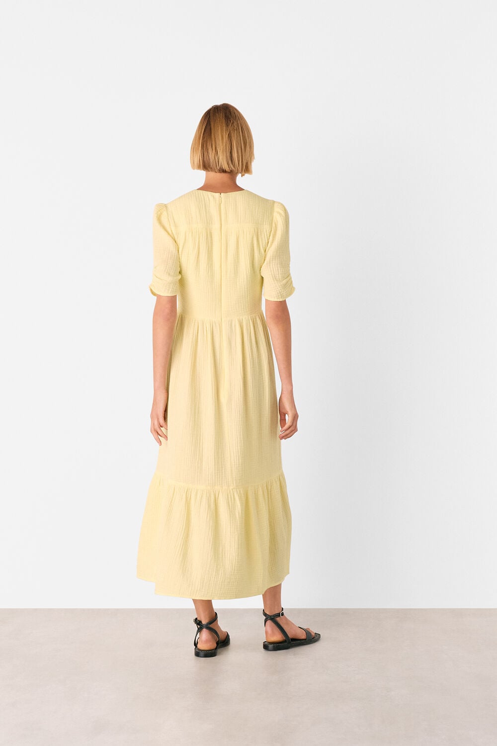 Yellow Textured Cotton Midi Dress