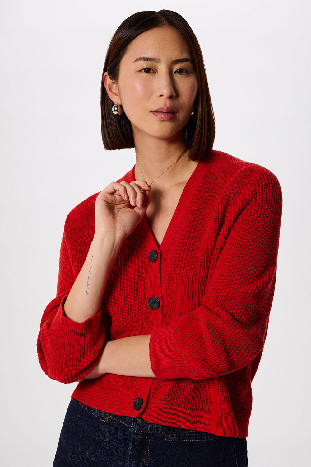 Red V Neck Cotton Cardigan