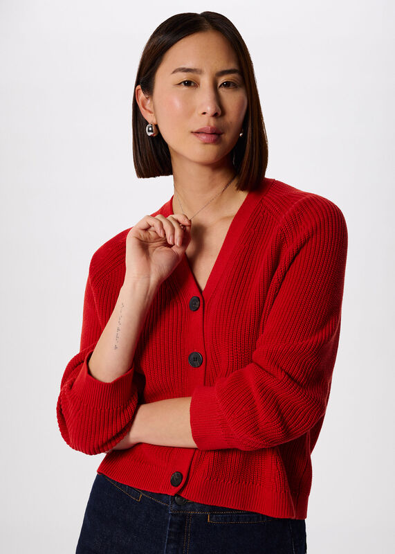 Red V Neck Cotton Cardigan