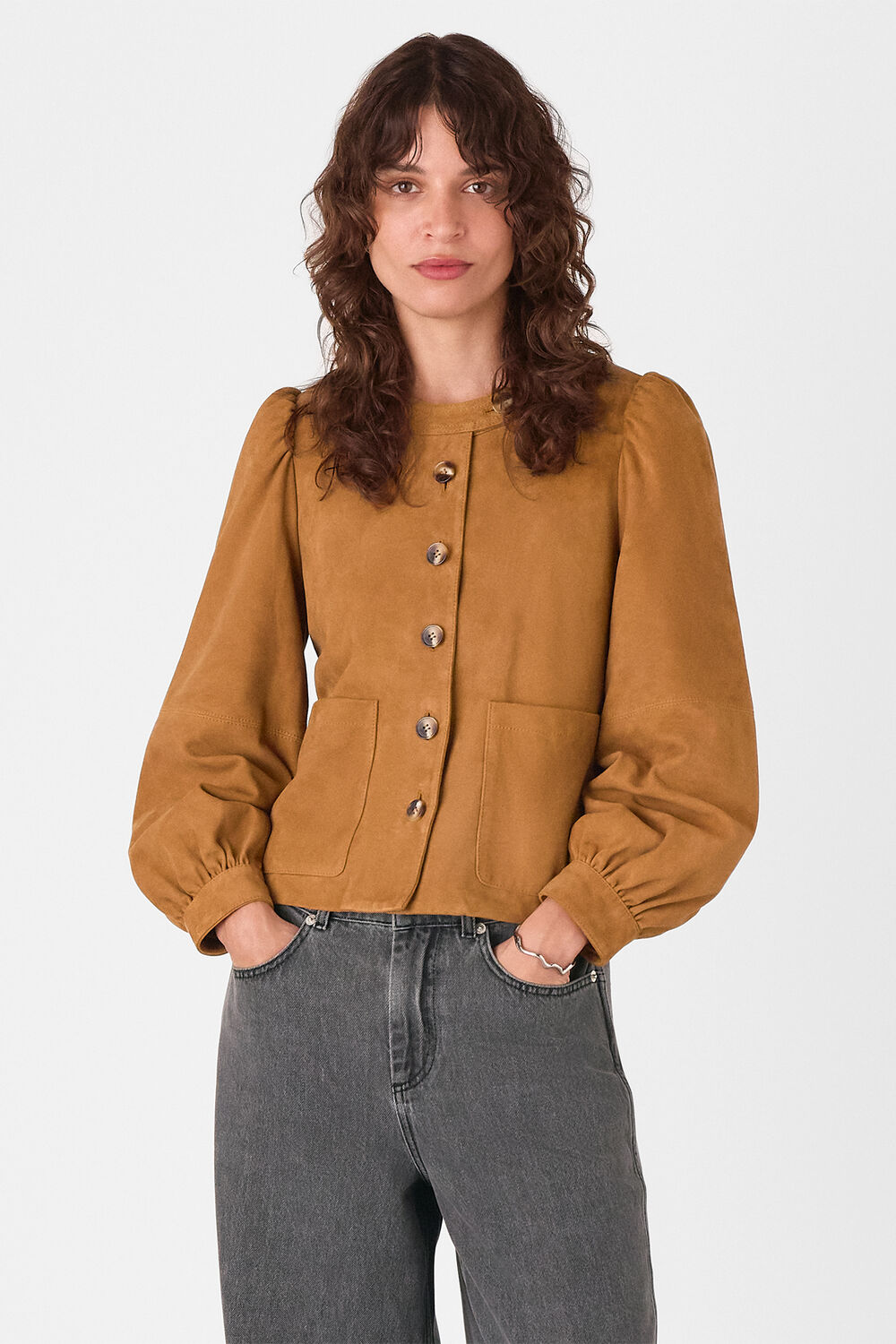 Camel Button Front Suede Jacket
