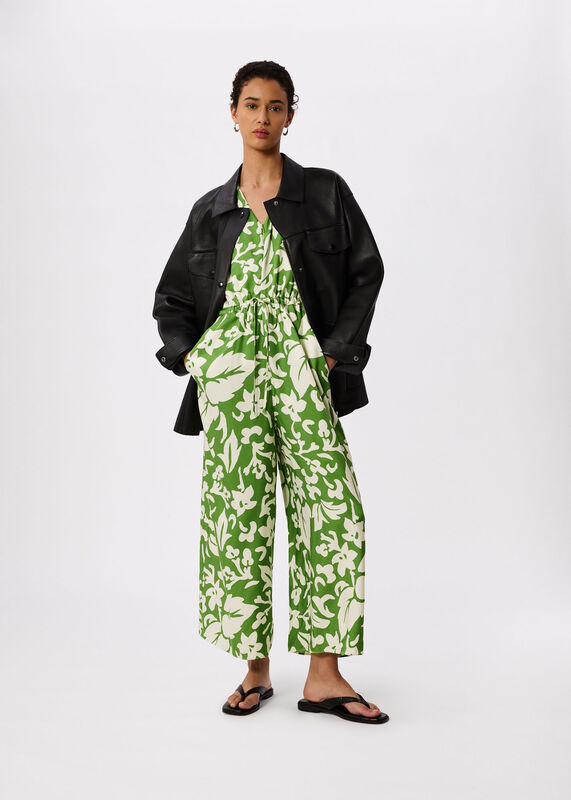 Green Floral Tie Waist Jumpsuit