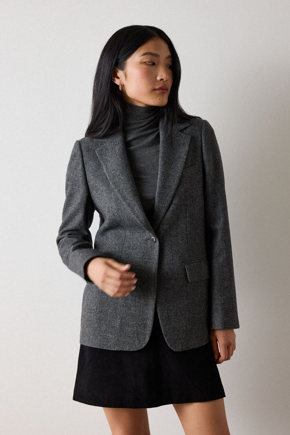 Grey Herringbone Wool Blend Blazer