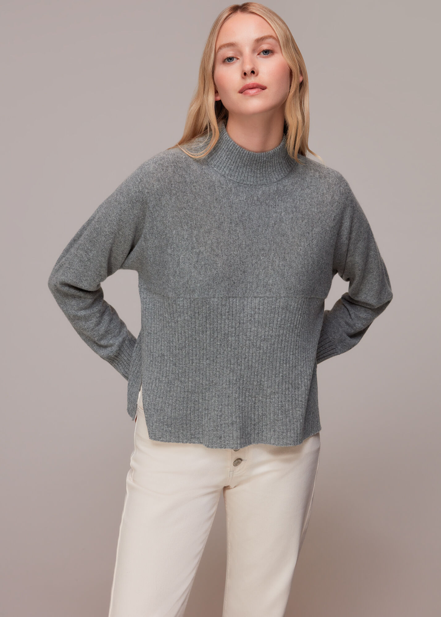 Grey Ribbed Panel Cashmere Sweater | WHISTLES