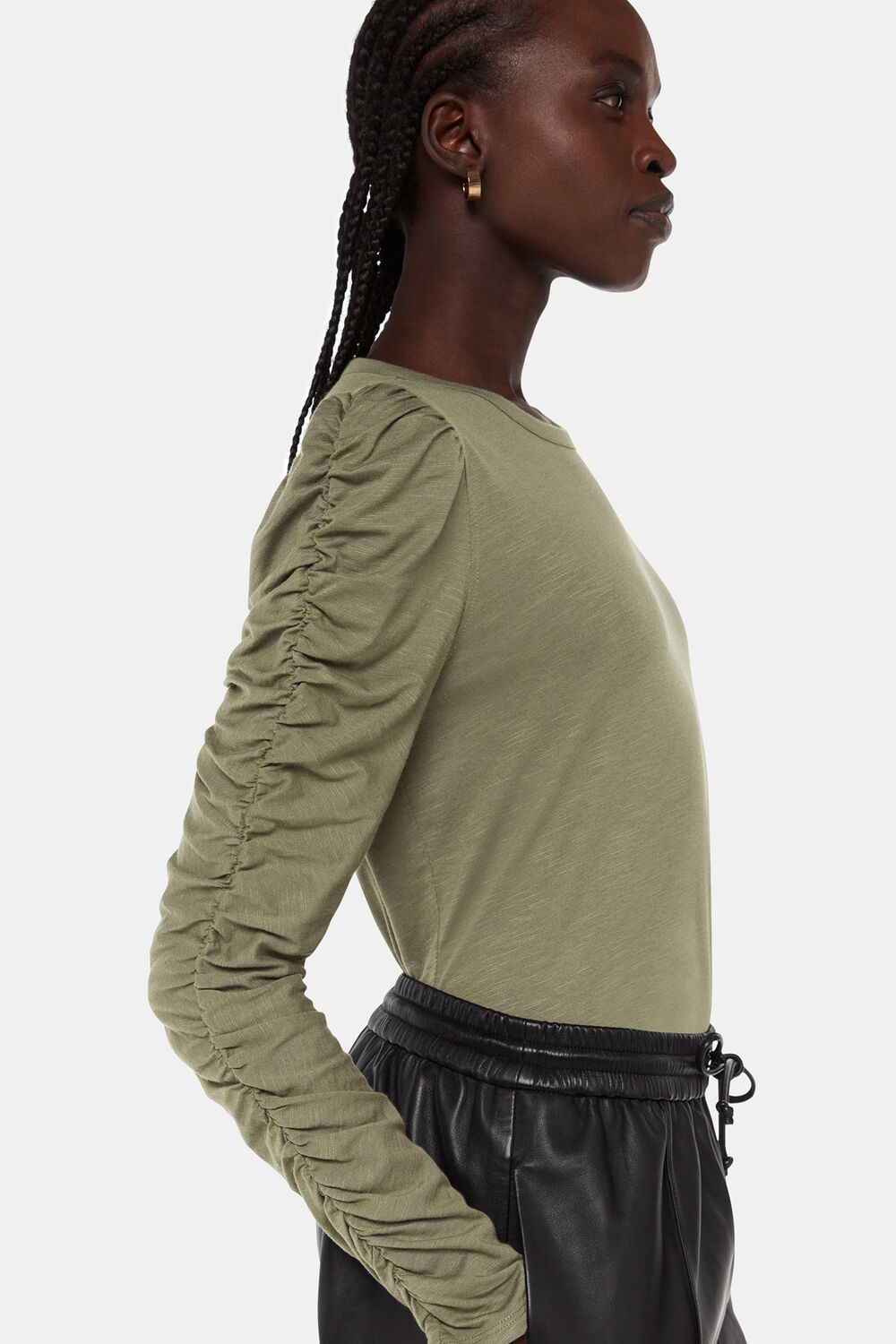 Khaki Ruched Sleeve Top