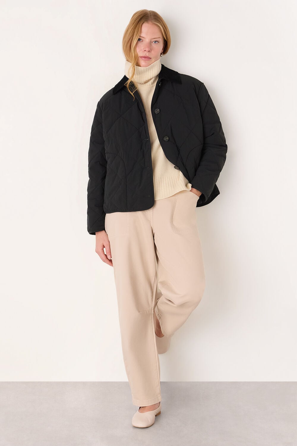 Black Short Quilted Cord Collar Coat