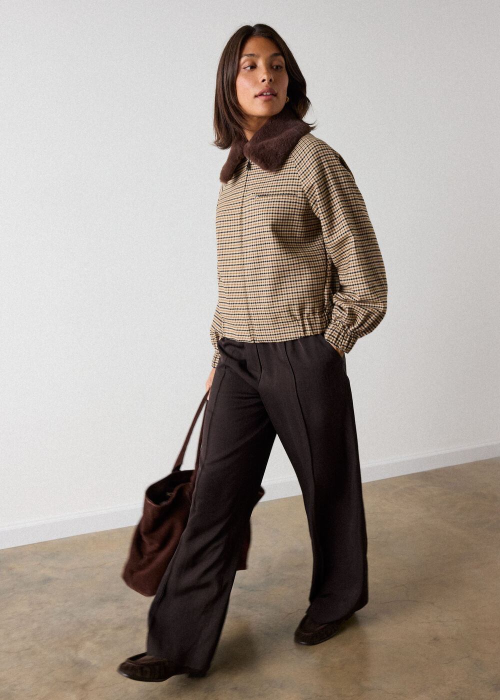 Brown Faux Fur Collar Check Bomber