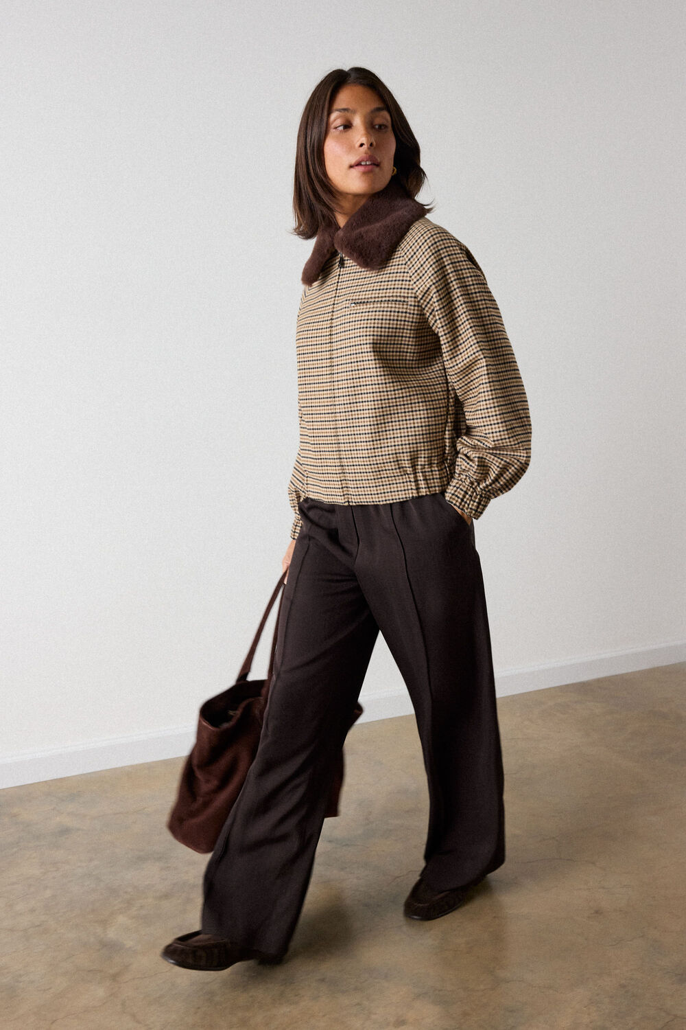 Brown Faux Fur Collar Check Bomber