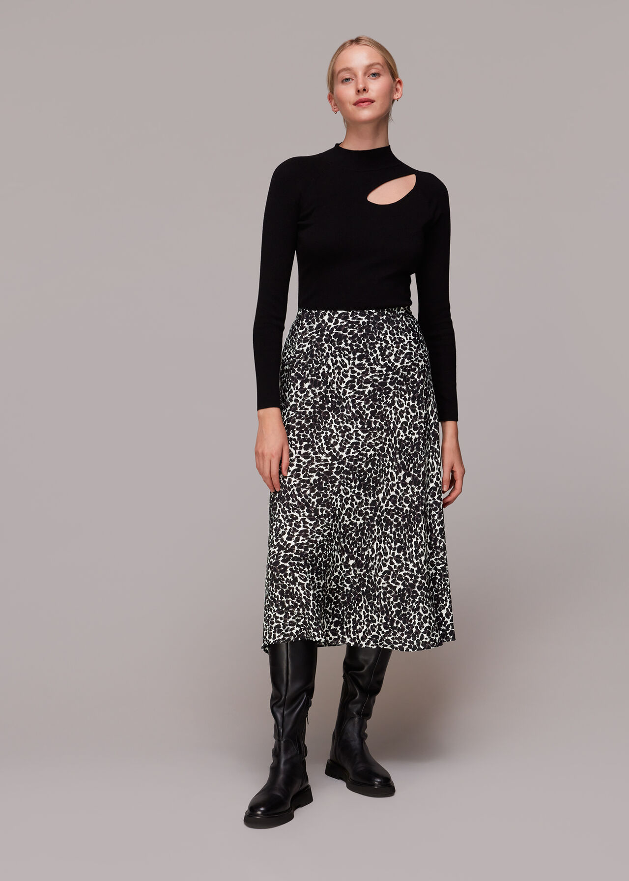 Black/Multi Shadow Leopard Bias Cut Skirt | WHISTLES